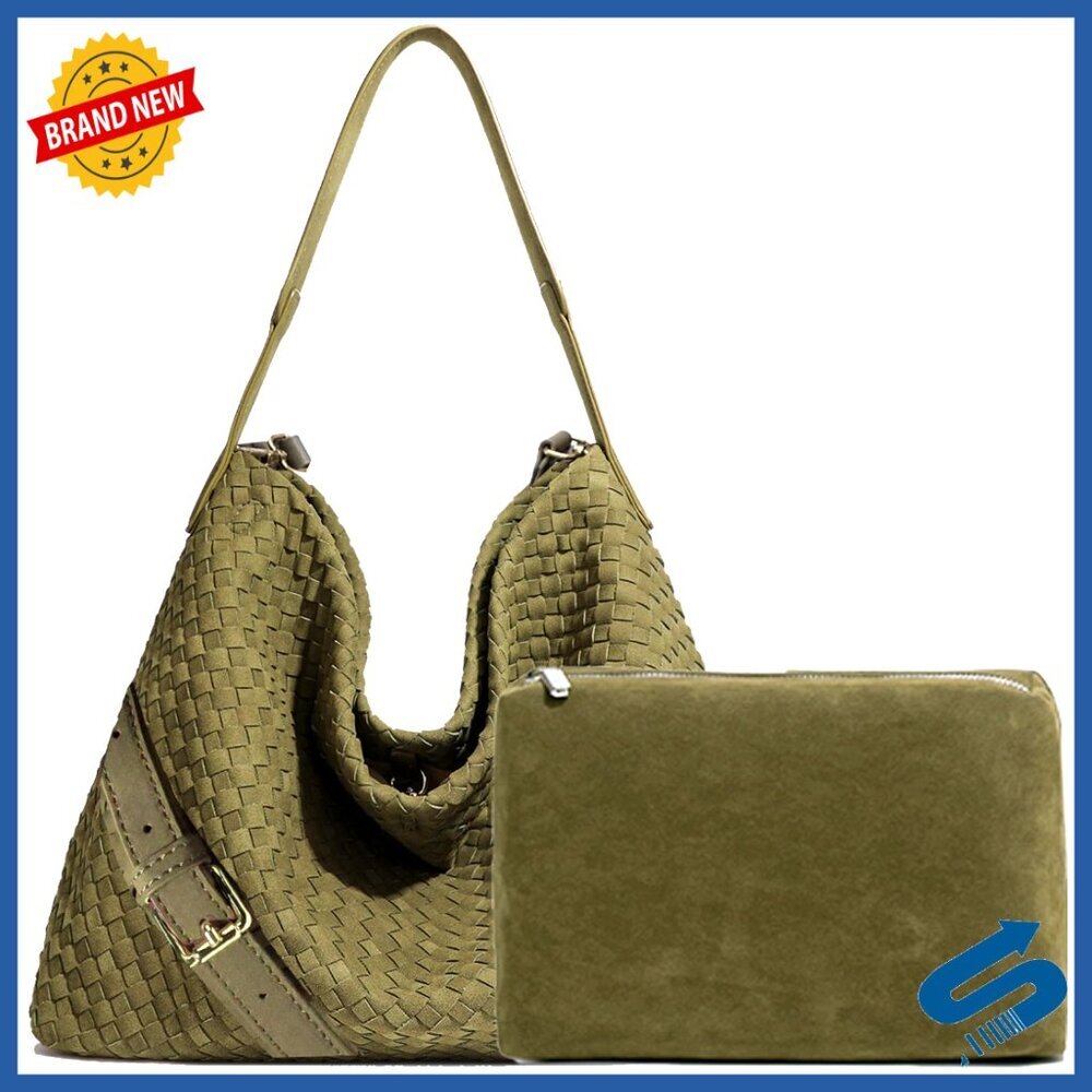 Large Vegan Leather Woven Tote Shoulder Bag with Adjustable Strap